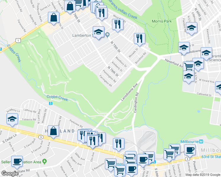 map of restaurants, bars, coffee shops, grocery stores, and more near 1300 Farrington Road in Philadelphia