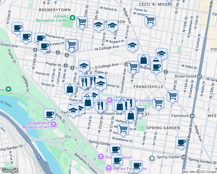 map of restaurants, bars, coffee shops, grocery stores, and more near 837 North Beechwood Street in Philadelphia