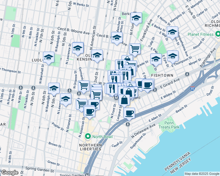 map of restaurants, bars, coffee shops, grocery stores, and more near 1252 North Howard Street in Philadelphia