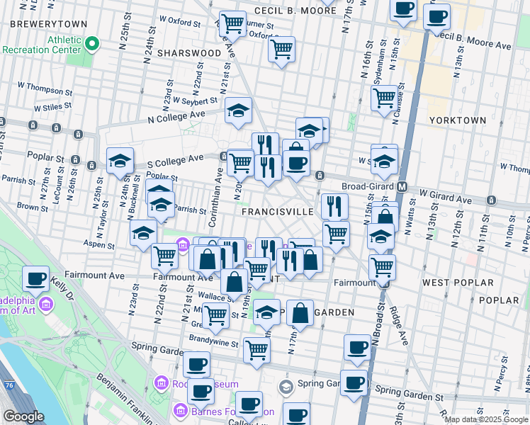map of restaurants, bars, coffee shops, grocery stores, and more near 835 North 19th Street in Philadelphia