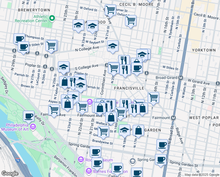 map of restaurants, bars, coffee shops, grocery stores, and more near 838 North 20th Street in Philadelphia