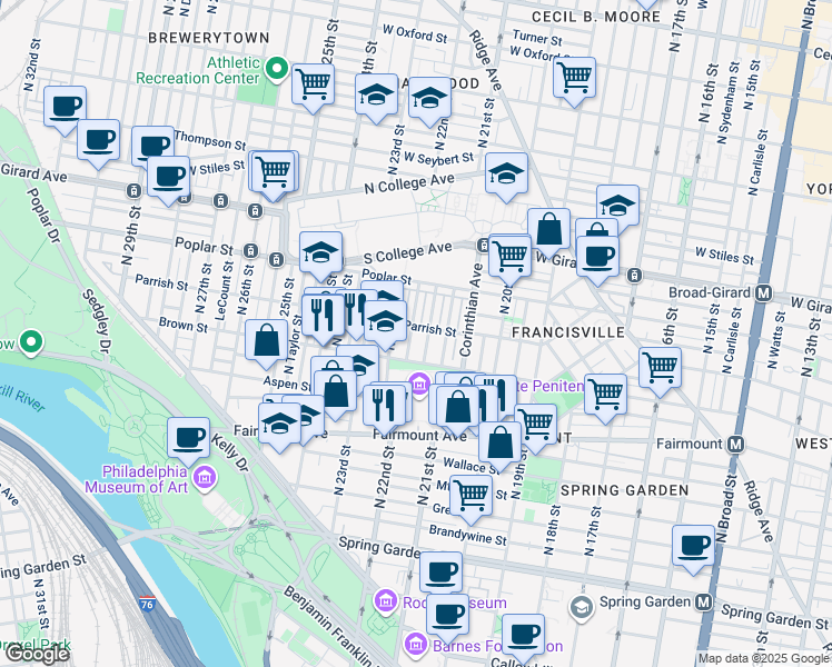 map of restaurants, bars, coffee shops, grocery stores, and more near 837 North Beechwood Street in Philadelphia