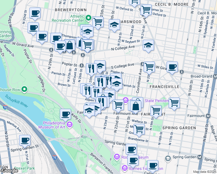 map of restaurants, bars, coffee shops, grocery stores, and more near 817 North Judson Street in Philadelphia