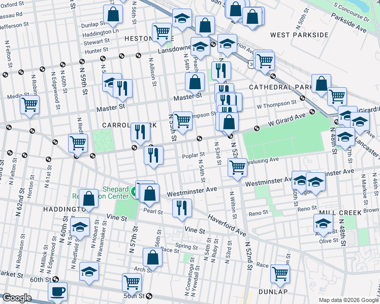 map of restaurants, bars, coffee shops, grocery stores, and more near 657 North Conestoga Street in Philadelphia