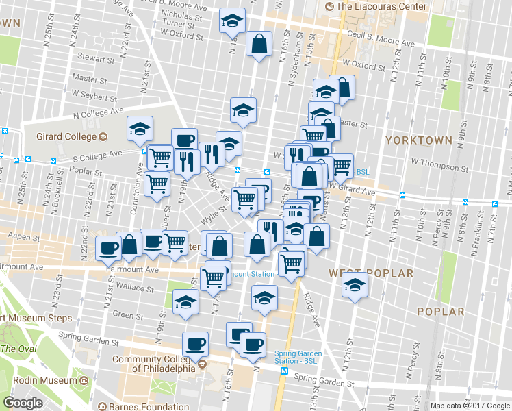 map of restaurants, bars, coffee shops, grocery stores, and more near 848 North 16th Street in Philadelphia