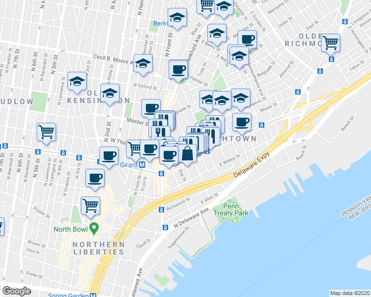 map of restaurants, bars, coffee shops, grocery stores, and more near 1224 Marlborough Street in Philadelphia
