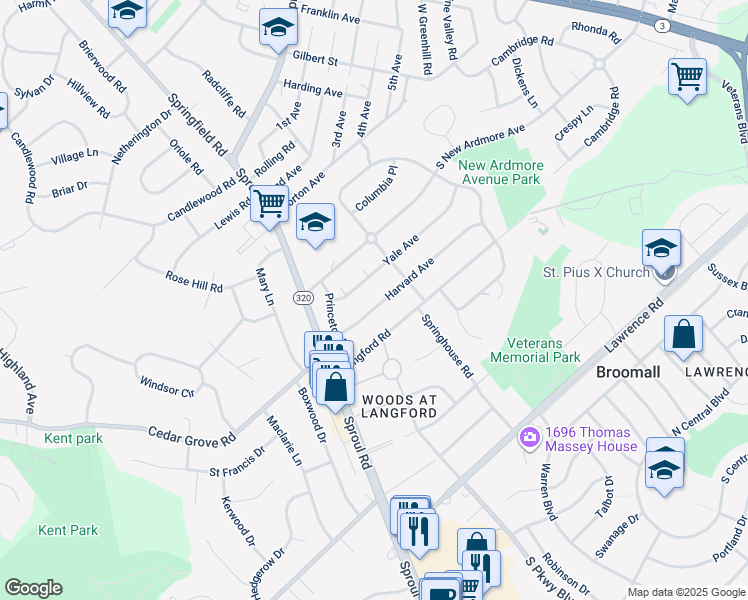map of restaurants, bars, coffee shops, grocery stores, and more near 408 Harvard Avenue in Broomall