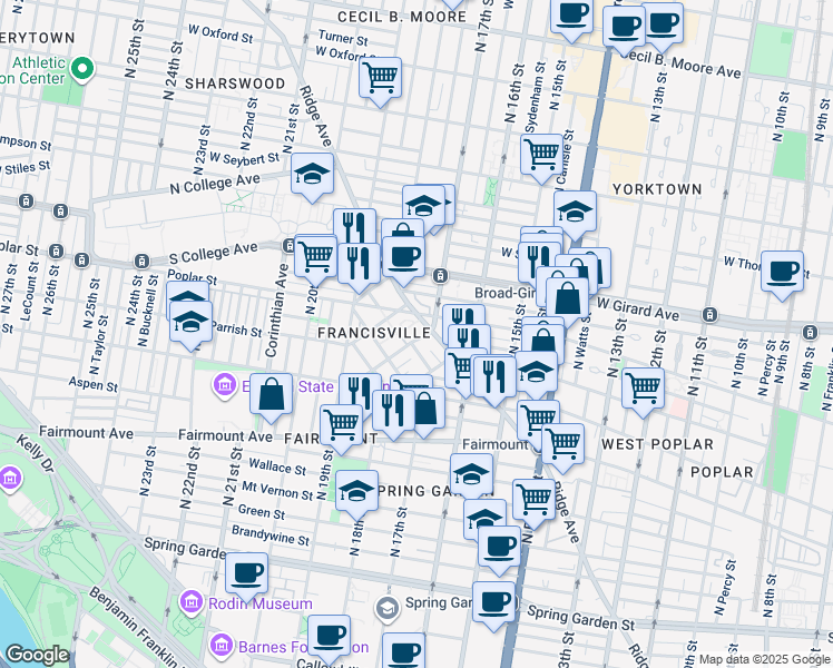 map of restaurants, bars, coffee shops, grocery stores, and more near 1713 Wylie Street in Philadelphia
