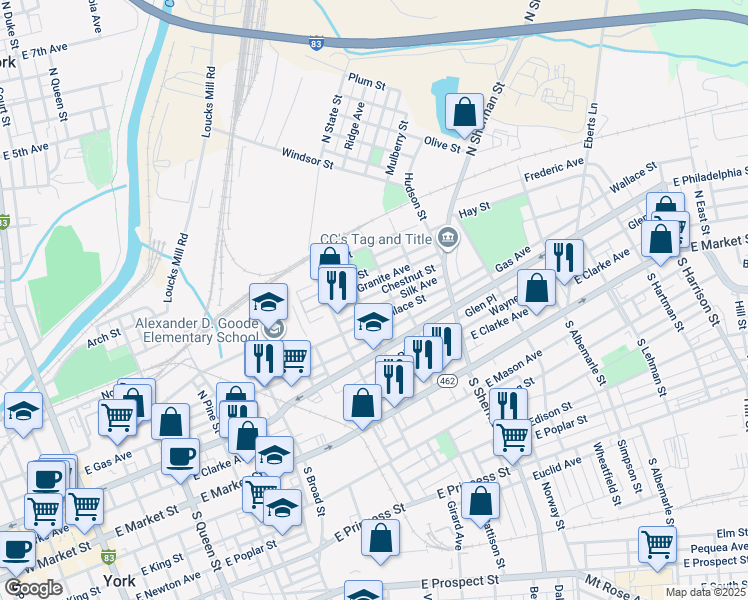 map of restaurants, bars, coffee shops, grocery stores, and more near 662 Chestnut Street in York