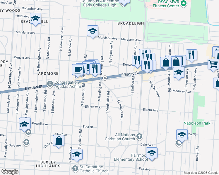 map of restaurants, bars, coffee shops, grocery stores, and more near 50 Eastmoor Blvd in Columbus