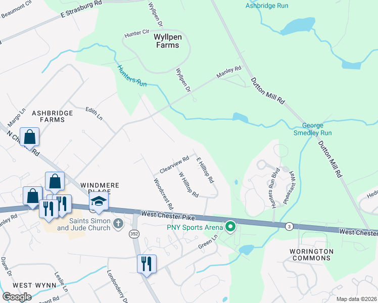 map of restaurants, bars, coffee shops, grocery stores, and more near 200 East Hilltop Road in West Chester