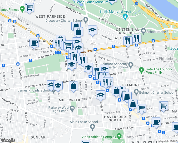 map of restaurants, bars, coffee shops, grocery stores, and more near 4527 Lancaster Avenue in Philadelphia