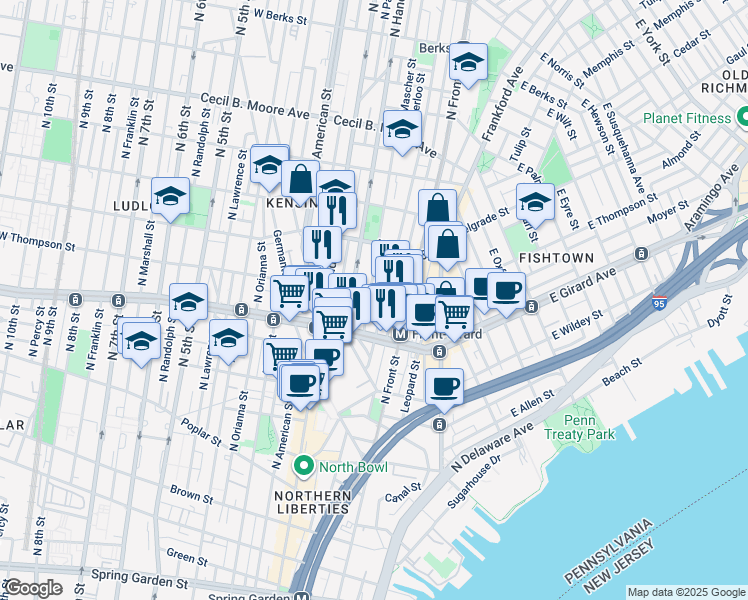 map of restaurants, bars, coffee shops, grocery stores, and more near 1255 North Mascher Street in Philadelphia