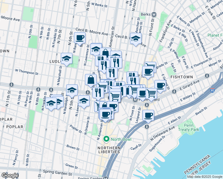 map of restaurants, bars, coffee shops, grocery stores, and more near 1218 North 2nd Street in Philadelphia