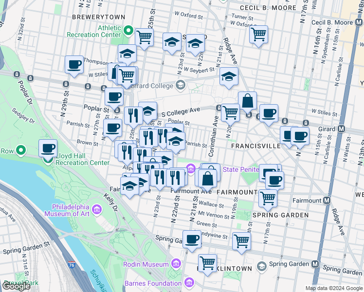 map of restaurants, bars, coffee shops, grocery stores, and more near 833 North 22nd Street in Philadelphia