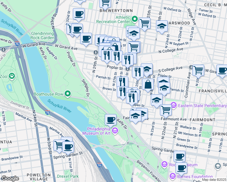 map of restaurants, bars, coffee shops, grocery stores, and more near 2646 Brown Street in Philadelphia