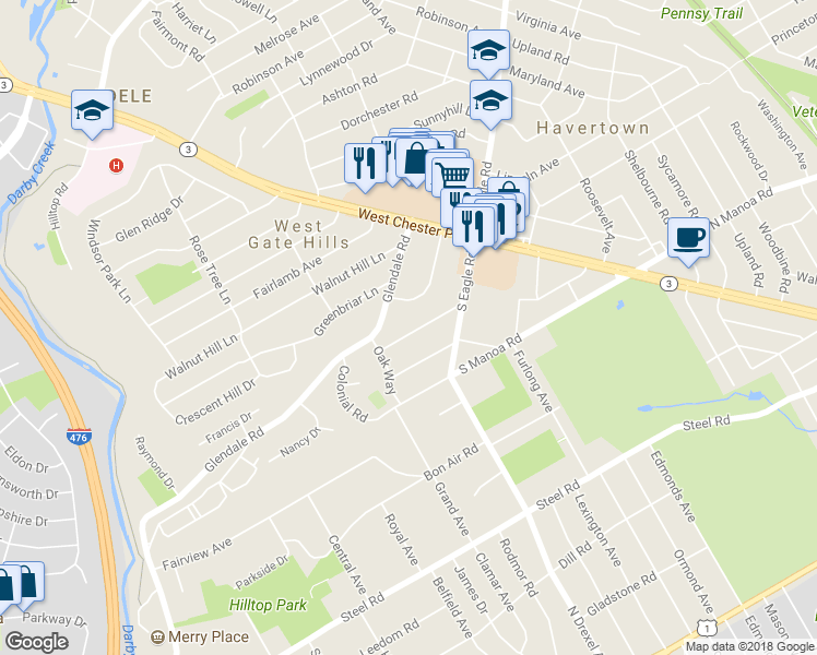 map of restaurants, bars, coffee shops, grocery stores, and more near 146 Wyndmoor Road in Havertown