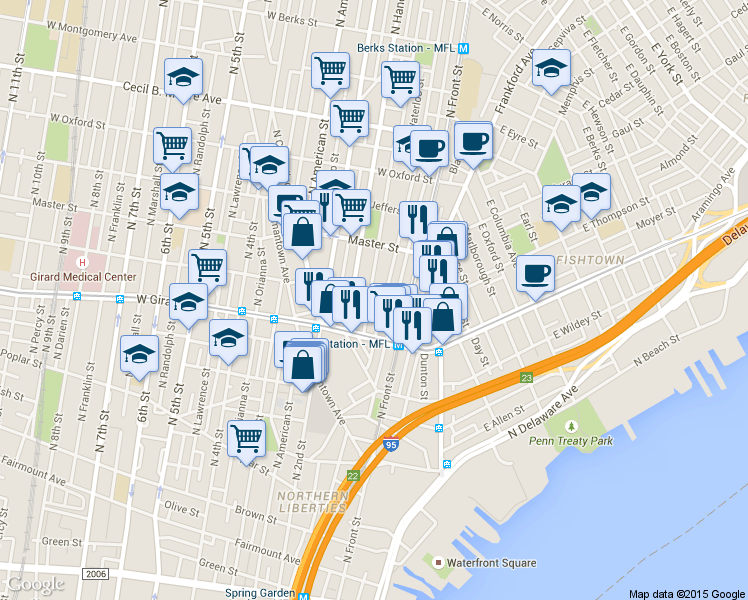 map of restaurants, bars, coffee shops, grocery stores, and more near 1255 North Mascher Street in Philadelphia