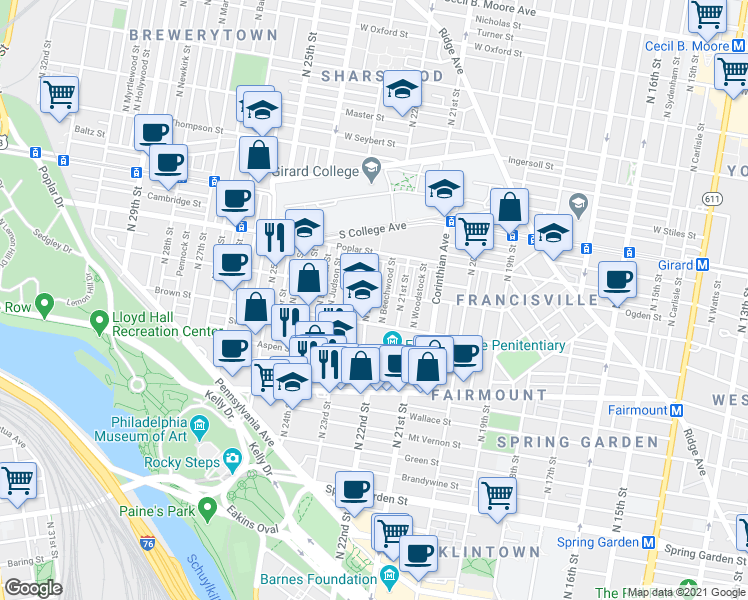 map of restaurants, bars, coffee shops, grocery stores, and more near 833 North 22nd Street in Philadelphia