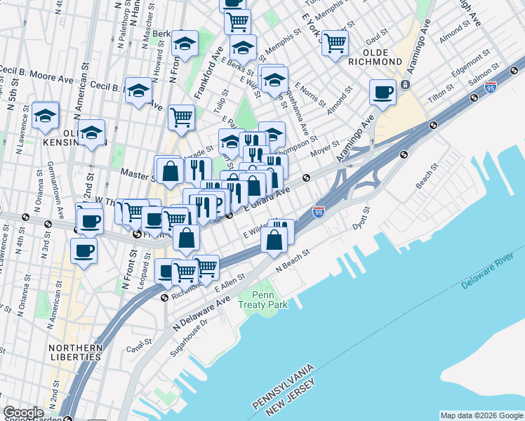 map of restaurants, bars, coffee shops, grocery stores, and more near in Philadelphia