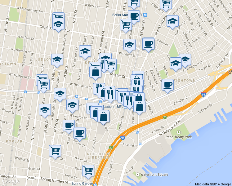 map of restaurants, bars, coffee shops, grocery stores, and more near 1246 North Mascher Street in Philadelphia