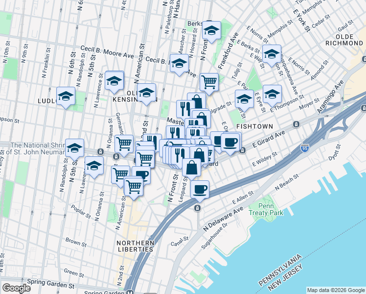 map of restaurants, bars, coffee shops, grocery stores, and more near N Front St & W Thompson St in Philadelphia