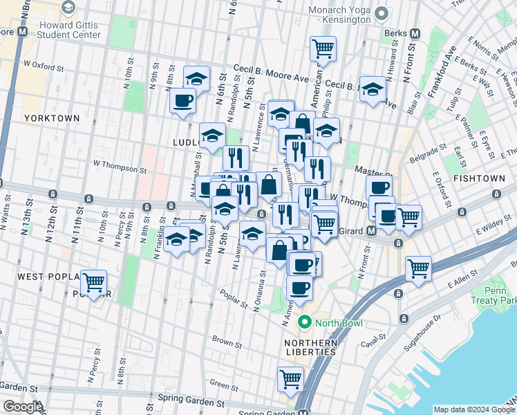 map of restaurants, bars, coffee shops, grocery stores, and more near 1208 North 4th Street in Philadelphia
