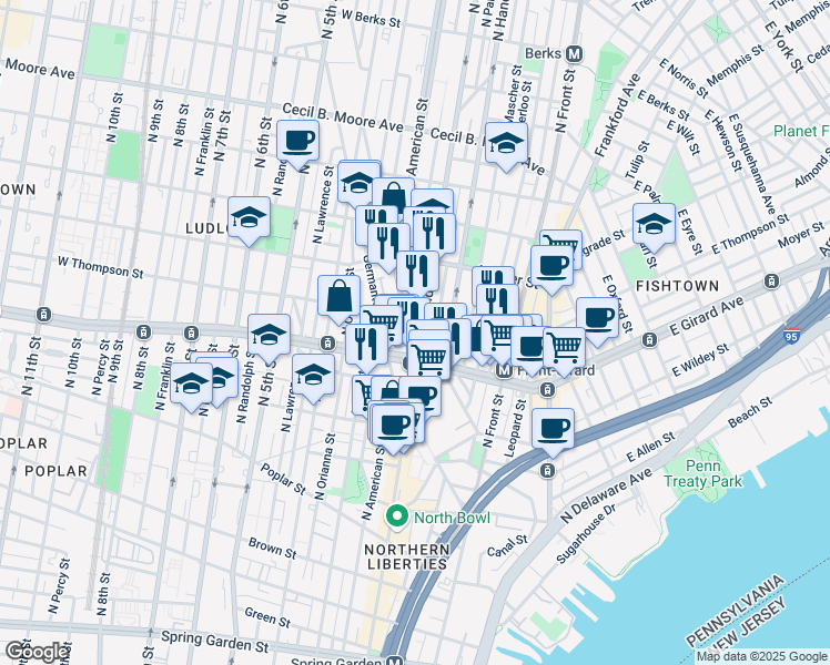 map of restaurants, bars, coffee shops, grocery stores, and more near 1218 North 2nd Street in Philadelphia