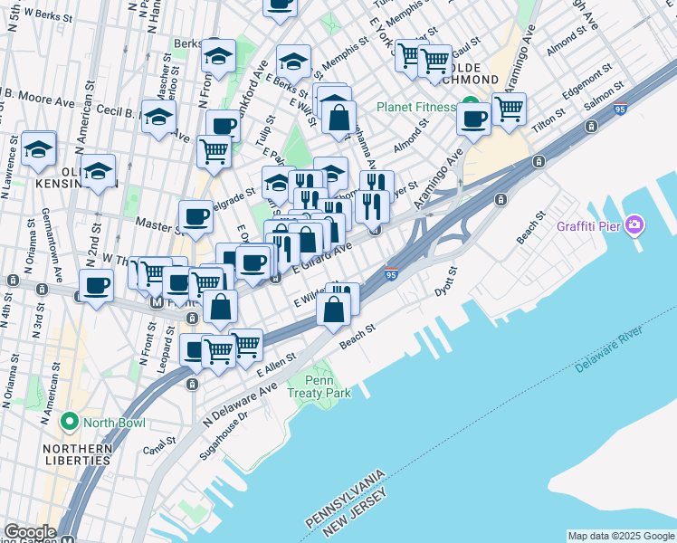 map of restaurants, bars, coffee shops, grocery stores, and more near 1114 East Eyre Street in Philadelphia