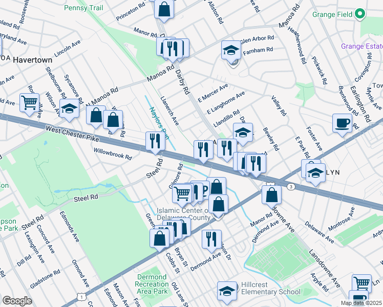 map of restaurants, bars, coffee shops, grocery stores, and more near 10 Vernon Road in Havertown