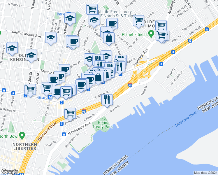 map of restaurants, bars, coffee shops, grocery stores, and more near 1114 East Eyre Street in Philadelphia