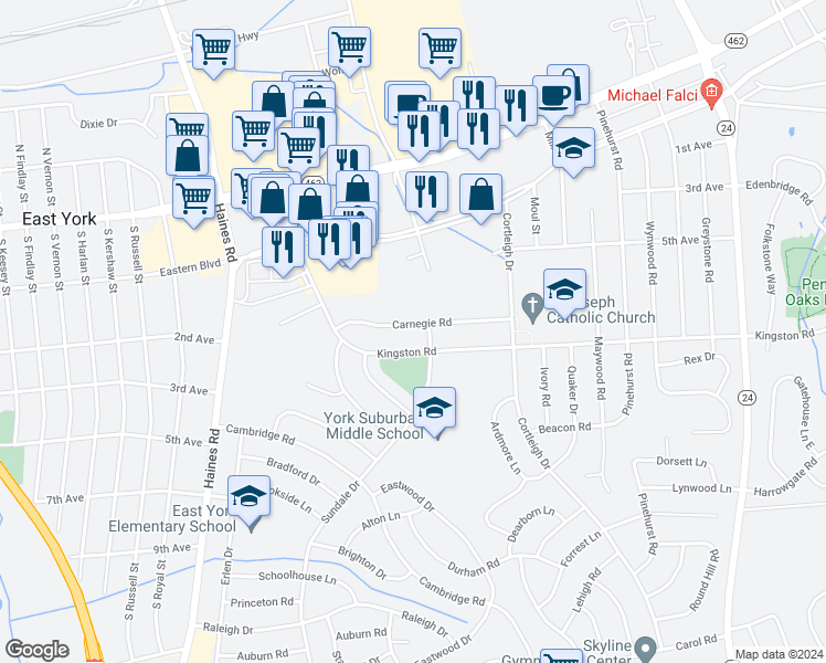 map of restaurants, bars, coffee shops, grocery stores, and more near 2680 Carnegie Road in East York