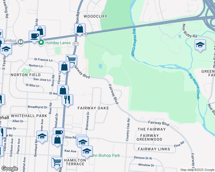 map of restaurants, bars, coffee shops, grocery stores, and more near 291 Fairway Boulevard in Columbus