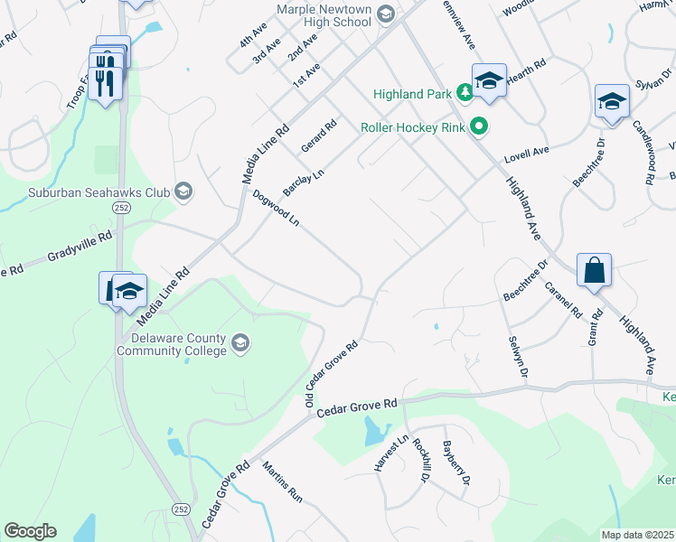 map of restaurants, bars, coffee shops, grocery stores, and more near 2820 Dogwood Lane in Broomall