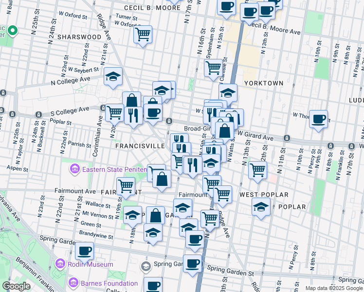 map of restaurants, bars, coffee shops, grocery stores, and more near 848 North 16th Street in Philadelphia