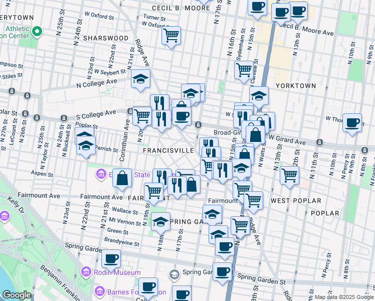map of restaurants, bars, coffee shops, grocery stores, and more near 1713 Wylie Street in Philadelphia