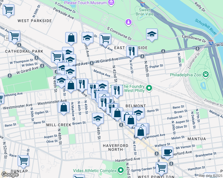 map of restaurants, bars, coffee shops, grocery stores, and more near 4226 Pennsgrove Street in Philadelphia