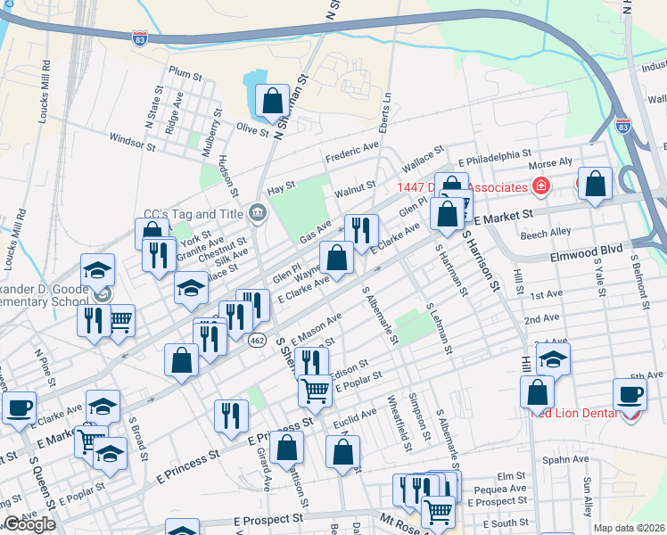 map of restaurants, bars, coffee shops, grocery stores, and more near 24 North Albemarle Street in York
