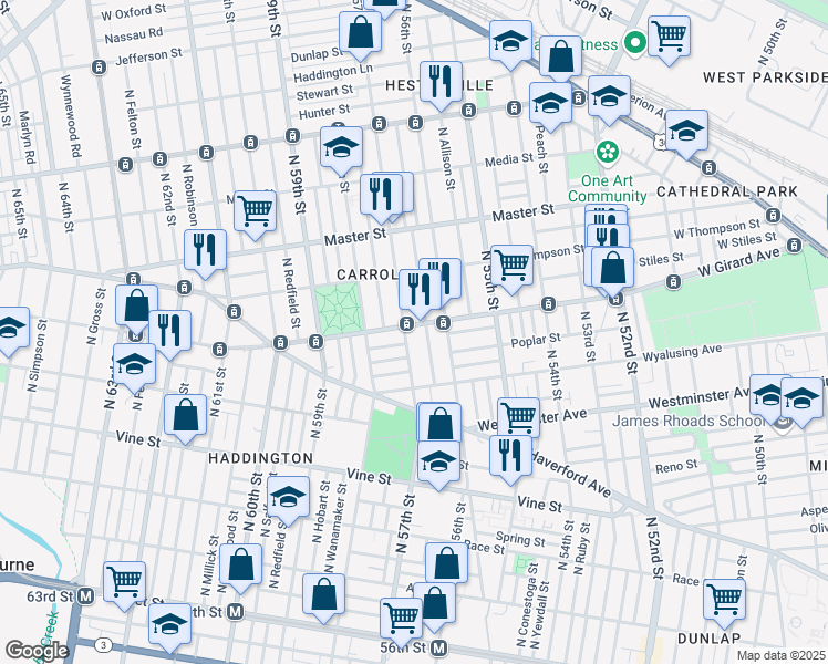 map of restaurants, bars, coffee shops, grocery stores, and more near 5634 West Girard Avenue in Philadelphia