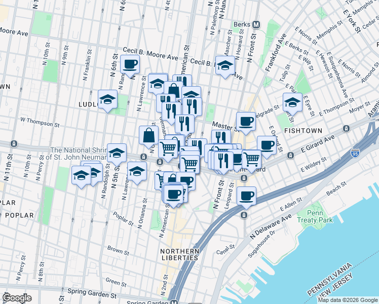 map of restaurants, bars, coffee shops, grocery stores, and more near 1220 North 2nd Street in Philadelphia