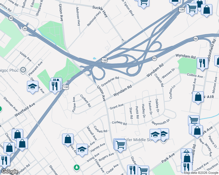 map of restaurants, bars, coffee shops, grocery stores, and more near 7726 Greenbrier Road in Pennsauken Township