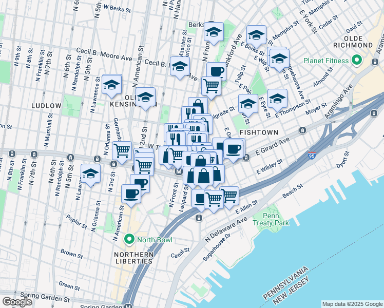map of restaurants, bars, coffee shops, grocery stores, and more near 17 West Thompson Street in Philadelphia