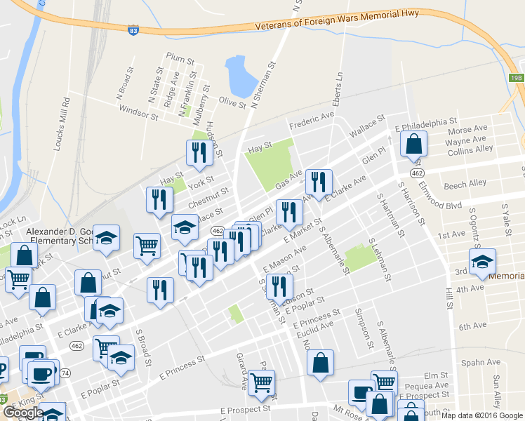 map of restaurants, bars, coffee shops, grocery stores, and more near 840 East Philadelphia Street in York