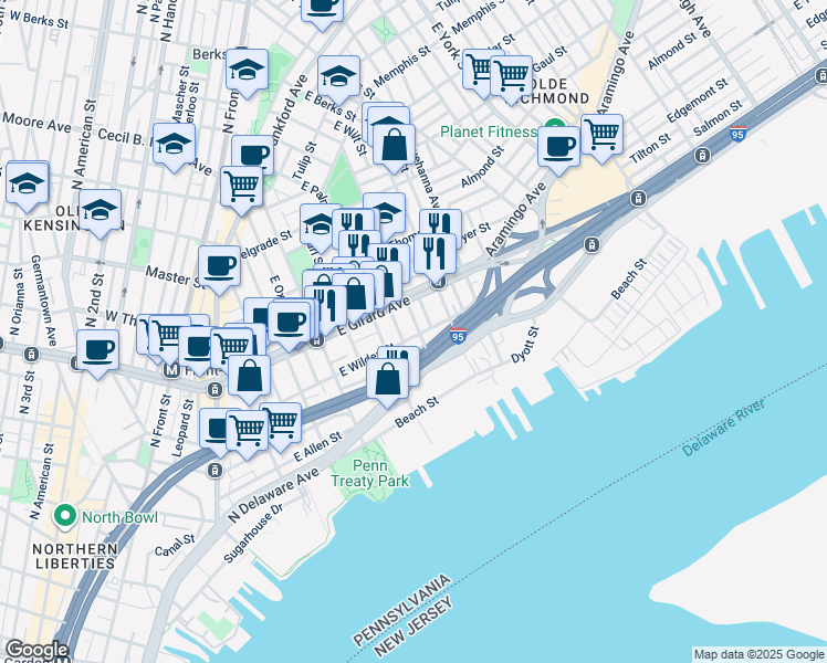 map of restaurants, bars, coffee shops, grocery stores, and more near 1104 East Montgomery Avenue in Philadelphia