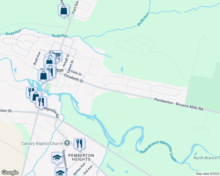 map of restaurants, bars, coffee shops, grocery stores, and more near 1024 Pemberton Browns Mills Road in Pemberton