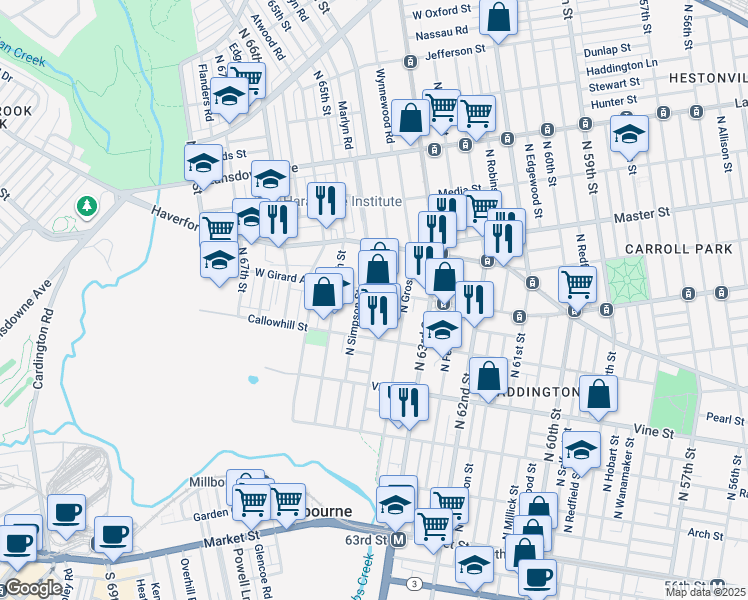map of restaurants, bars, coffee shops, grocery stores, and more near 436 North 64th Street in Philadelphia