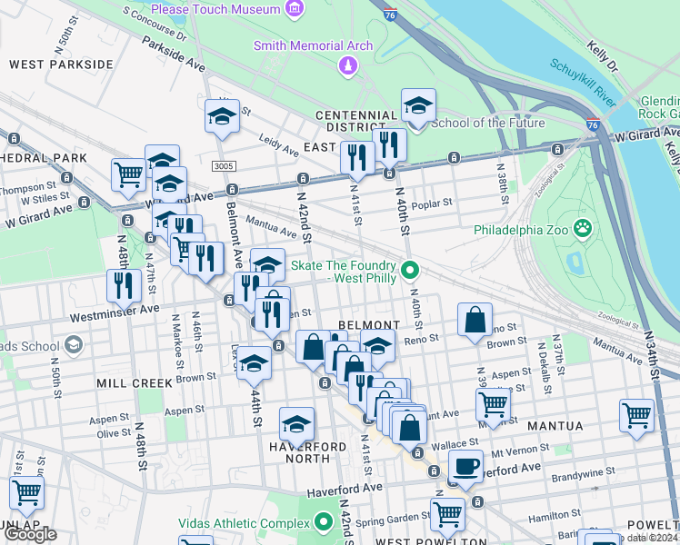 map of restaurants, bars, coffee shops, grocery stores, and more near 4137 Westminster Avenue in Philadelphia
