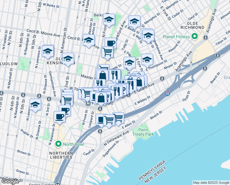 map of restaurants, bars, coffee shops, grocery stores, and more near 1226 Marlborough St in Philadelphia