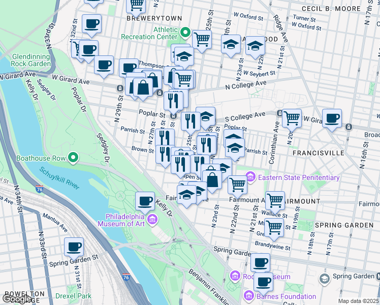 map of restaurants, bars, coffee shops, grocery stores, and more near 809 North 25th Street in Philadelphia