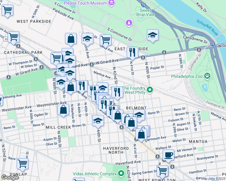 map of restaurants, bars, coffee shops, grocery stores, and more near 4220 Pennsgrove Street in Philadelphia